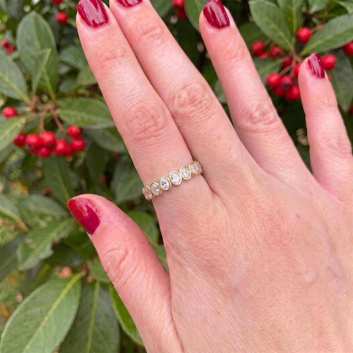 Elegant Gold Bezel Set Eternity Ring | Oval Cut Simulated Diamond Stacking Band | Anniversary Wedding Ring | Gift for Her