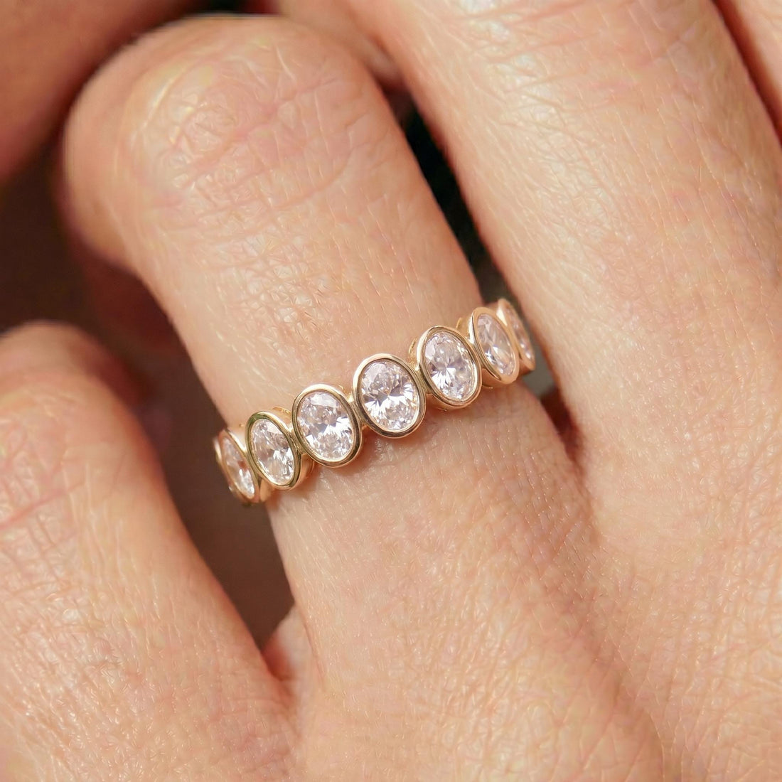 Elegant Gold Bezel Set Eternity Ring | Oval Cut Simulated Diamond Stacking Band | Anniversary Wedding Ring | Gift for Her