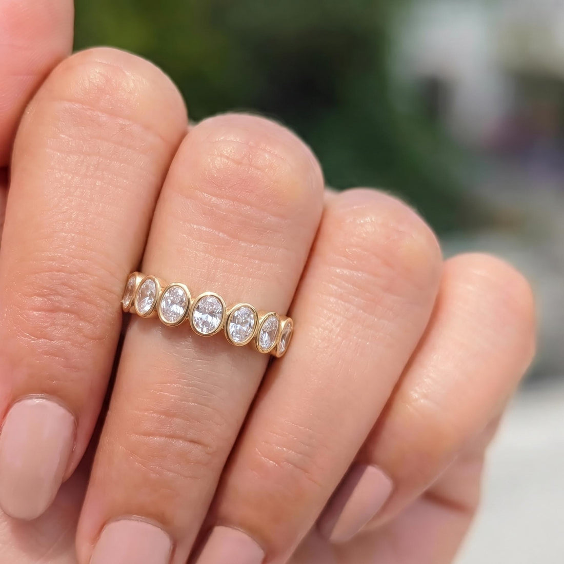 Elegant Gold Bezel Set Eternity Ring | Oval Cut Simulated Diamond Stacking Band | Anniversary Wedding Ring | Gift for Her