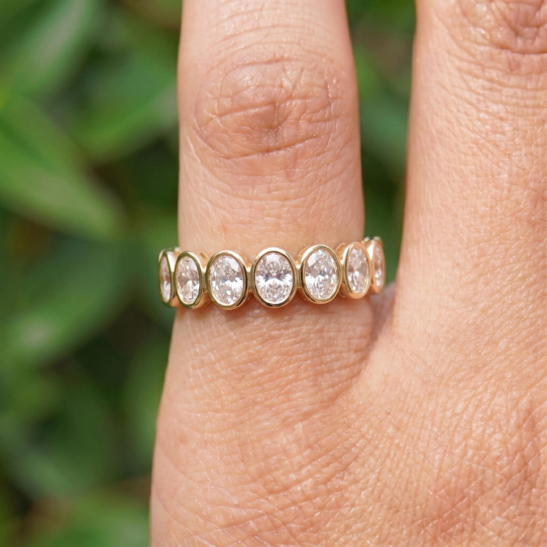 Elegant Gold Bezel Set Eternity Ring | Oval Cut Simulated Diamond Stacking Band | Anniversary Wedding Ring | Gift for Her