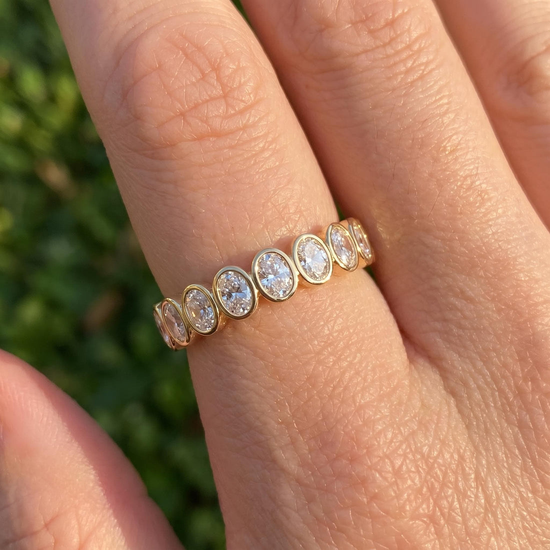 Elegant Gold Bezel Set Eternity Ring | Oval Cut Simulated Diamond Stacking Band | Anniversary Wedding Ring | Gift for Her