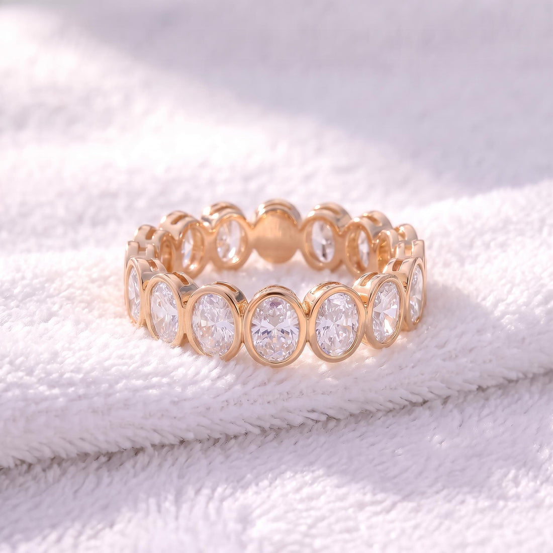 Elegant Gold Bezel Set Eternity Ring | Oval Cut Simulated Diamond Stacking Band | Anniversary Wedding Ring | Gift for Her