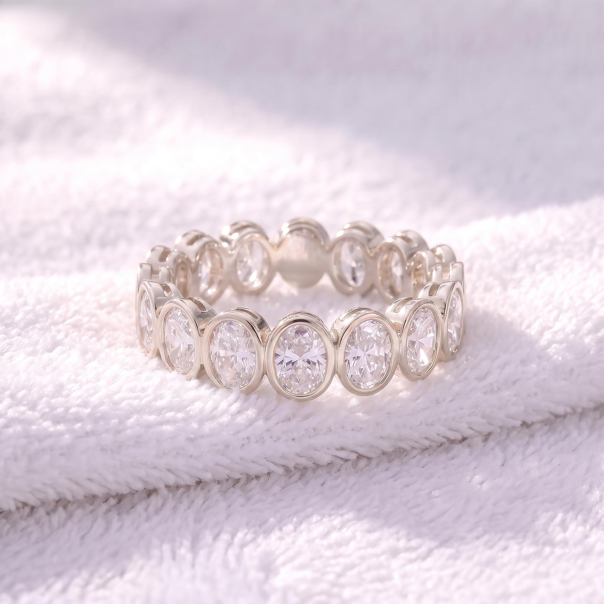 Elegant Gold Bezel Set Eternity Ring | Oval Cut Simulated Diamond Stacking Band | Anniversary Wedding Ring | Gift for Her