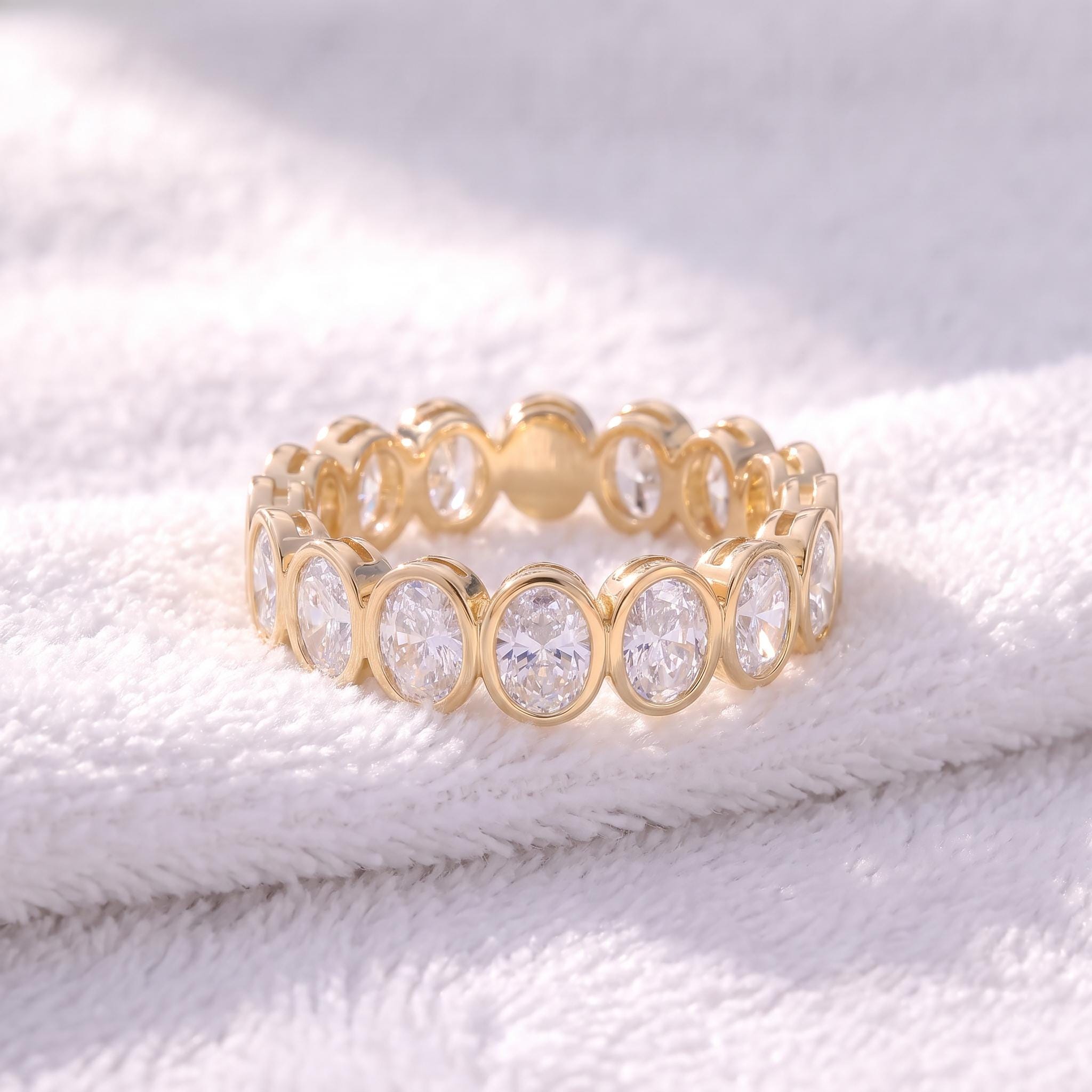 Elegant Gold Bezel Set Eternity Ring | Oval Cut Simulated Diamond Stacking Band | Anniversary Wedding Ring | Gift for Her