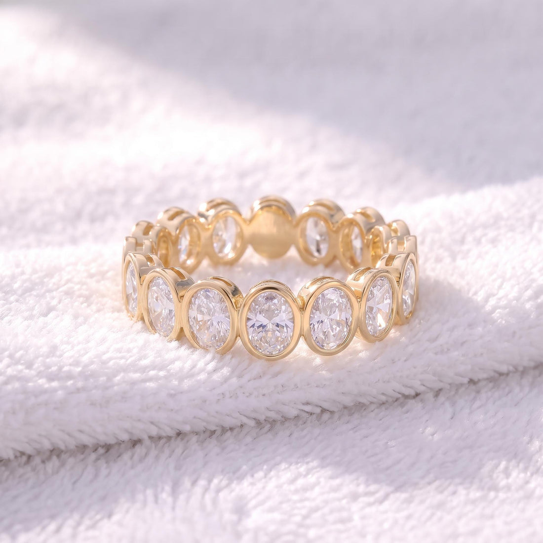 Elegant Gold Bezel Set Eternity Ring | Oval Cut Simulated Diamond Stacking Band | Anniversary Wedding Ring | Gift for Her