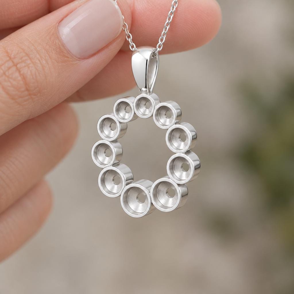 Wreath Pendant Setting with 10 Graduated Round Cups 2.8 to 4.5mm, 925 Sterling Silver Semi Mount, Teardrop Bail, Empty Pendant Mount