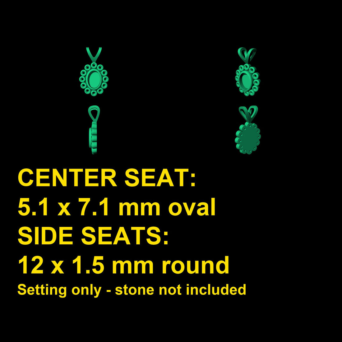 Oval Rosette Pendant Mount 5x7mm Center Seat Ringed by 12 Round Cups, Closed Floor 925 Sterling Silver Semi Mount, V Bail