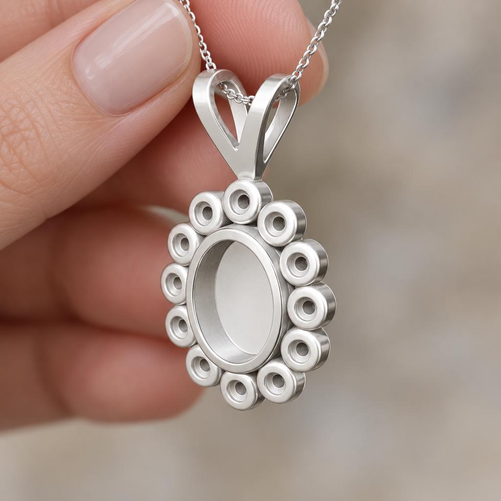 Oval Rosette Pendant Mount 5x7mm Center Seat Ringed by 12 Round Cups, Closed Floor 925 Sterling Silver Semi Mount, V Bail