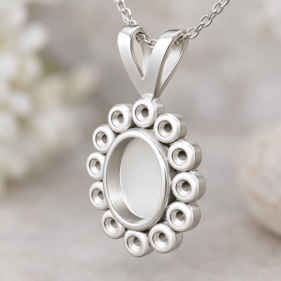Oval Rosette Pendant Mount 5x7mm Center Seat Ringed by 12 Round Cups, Closed Floor 925 Sterling Silver Semi Mount, V Bail
