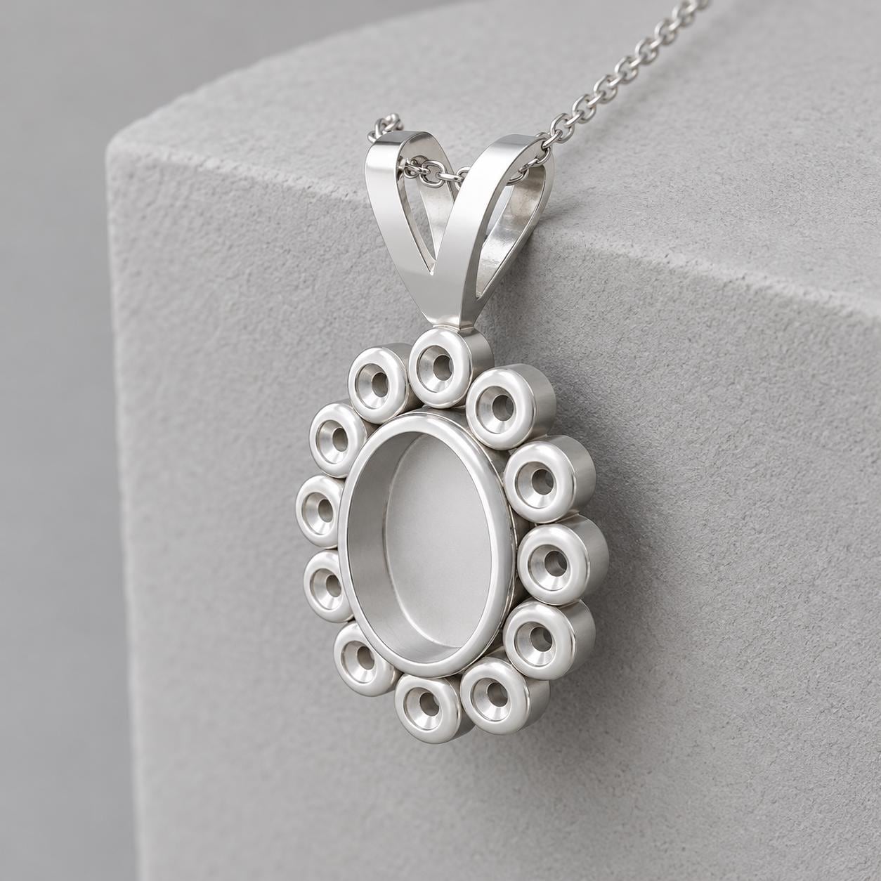 Oval Rosette Pendant Mount 5x7mm Center Seat Ringed by 12 Round Cups, Closed Floor 925 Sterling Silver Semi Mount, V Bail