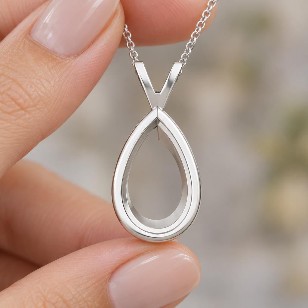 Plain Pear Frame Pendant for 7x10mm Pear, 9.2x13mm Outside, Open Back Teardrop Semi Mount, 925 Sterling Silver, V Strap Bail