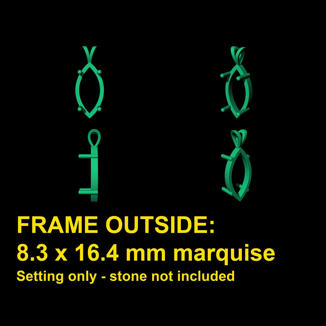 Large Marquise Pendant Setting 16x8mm, Open Frame with 4 Rods, V Looped Bail, 925 Sterling Silver Semi Mount, Empty Blank Pendant