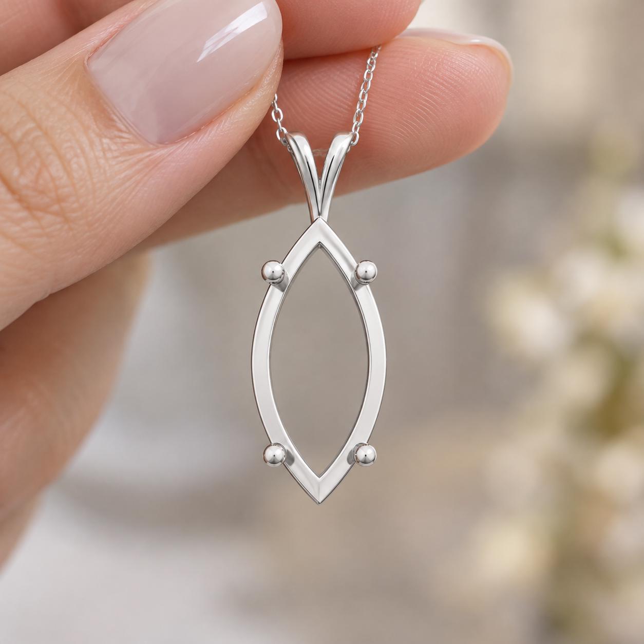 Large Marquise Pendant Setting 16x8mm, Open Frame with 4 Rods, V Looped Bail, 925 Sterling Silver Semi Mount, Empty Blank Pendant