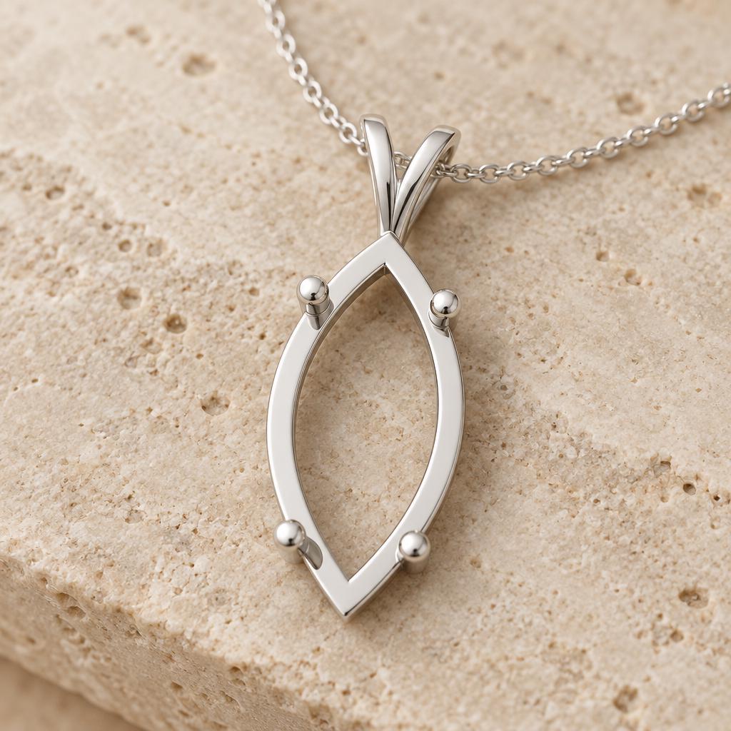 Large Marquise Pendant Setting 16x8mm, Open Frame with 4 Rods, V Looped Bail, 925 Sterling Silver Semi Mount, Empty Blank Pendant