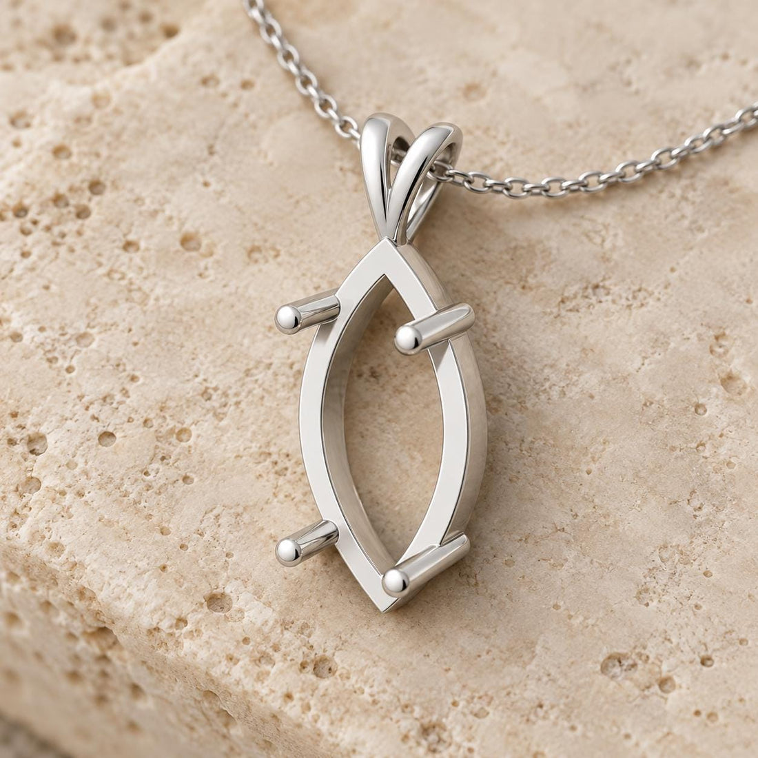 Large Marquise Pendant Setting 16x8mm, Open Frame with 4 Rods, V Looped Bail, 925 Sterling Silver Semi Mount, Empty Blank Pendant