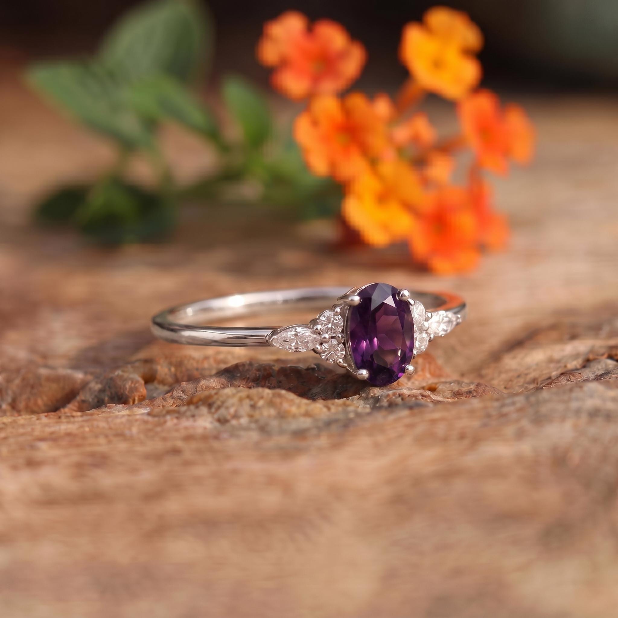 Elegant Oval Amethyst & Diamond Ring | February Birthstone Engagement Ring | Dainty Anniversary Gift for Her | Purple Stone Jewelry