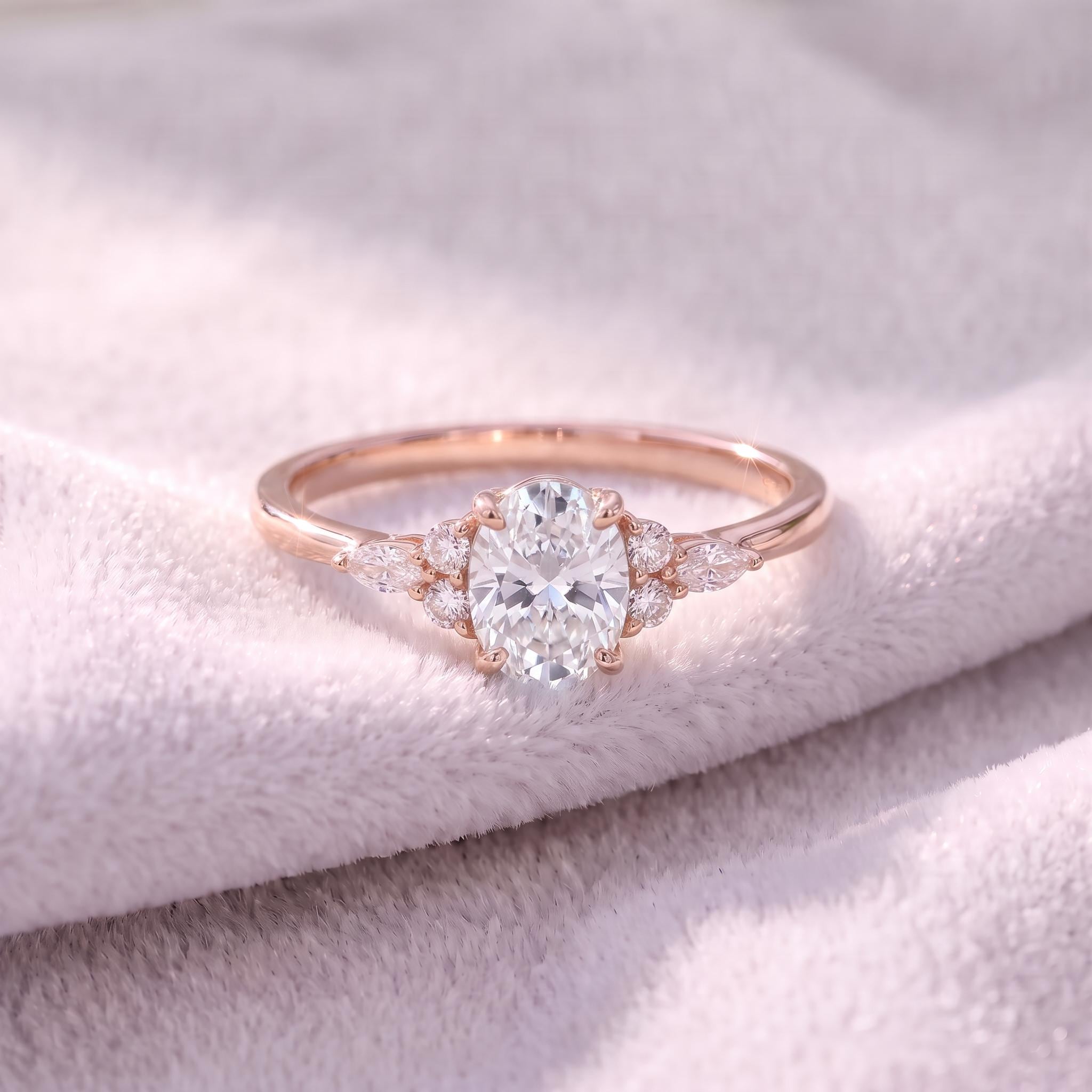 Oval Moissanite Engagement Ring, Delicate Gold Cluster Ring, Vintage Inspired Wedding Ring, Anniversary Gift for Her, Promise Ring