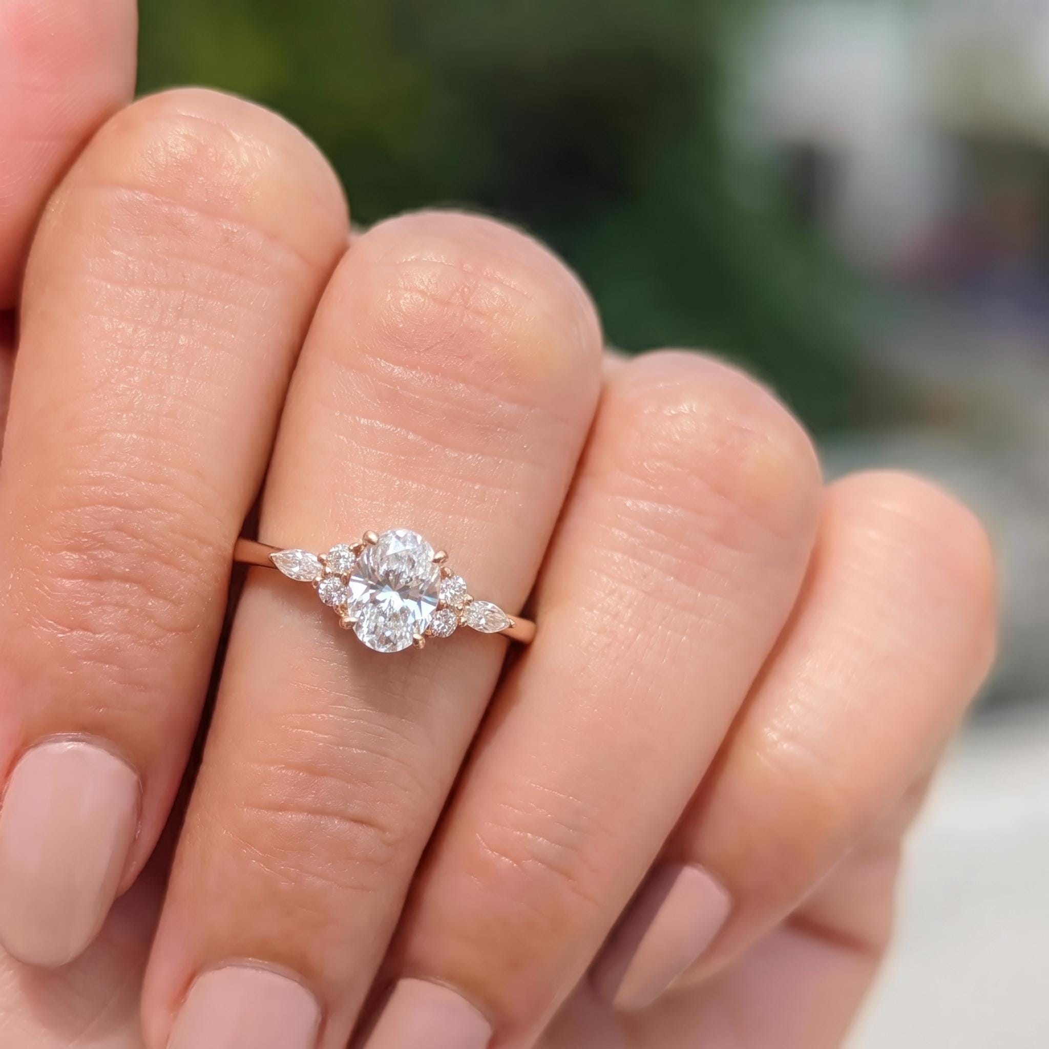 Oval Moissanite Engagement Ring, Delicate Gold Cluster Ring, Vintage Inspired Wedding Ring, Anniversary Gift for Her, Promise Ring