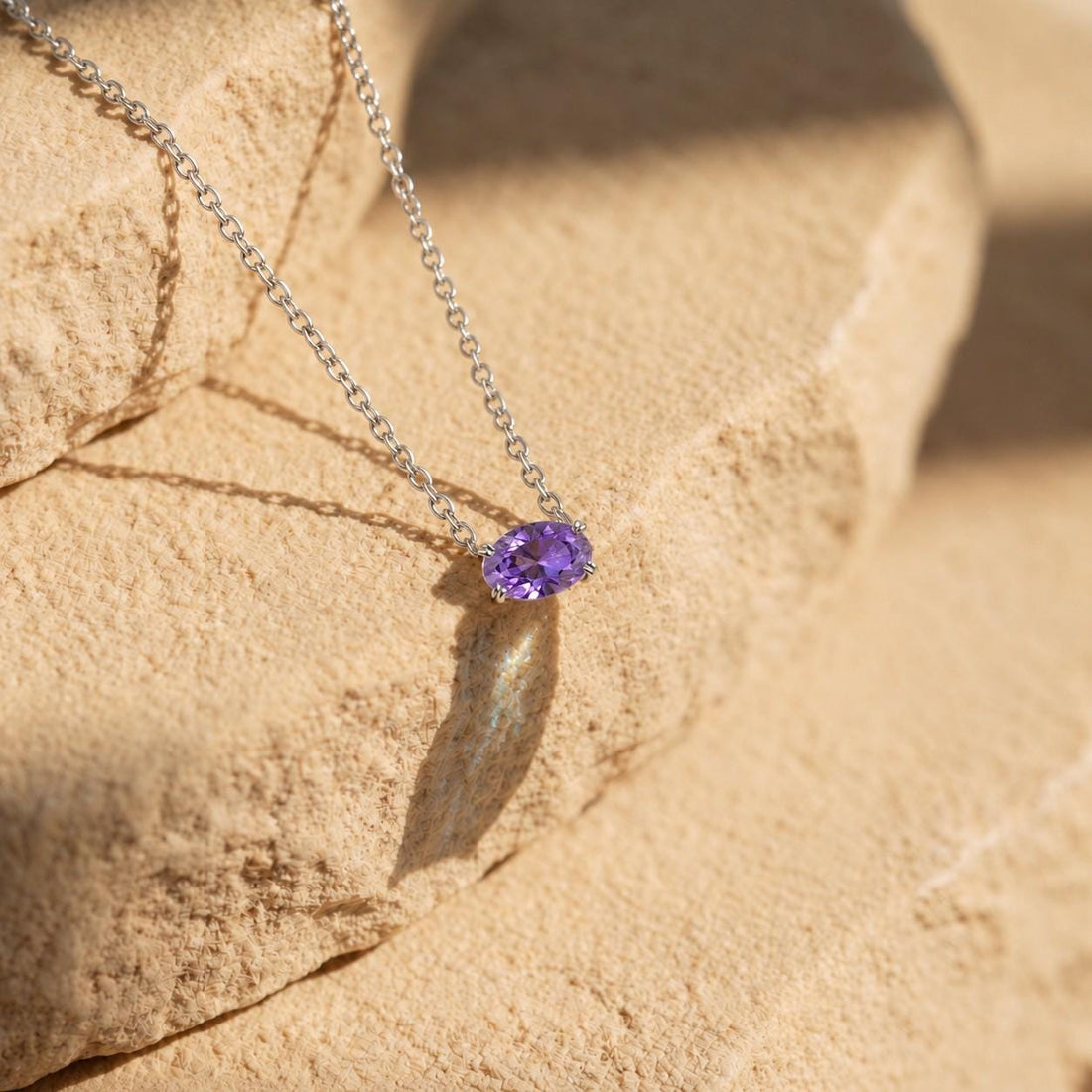 Amethyst Pendant Necklace, February Birthstone Jewelry, East West Oval Solitaire, 925 Sterling Silver Gift for Mom