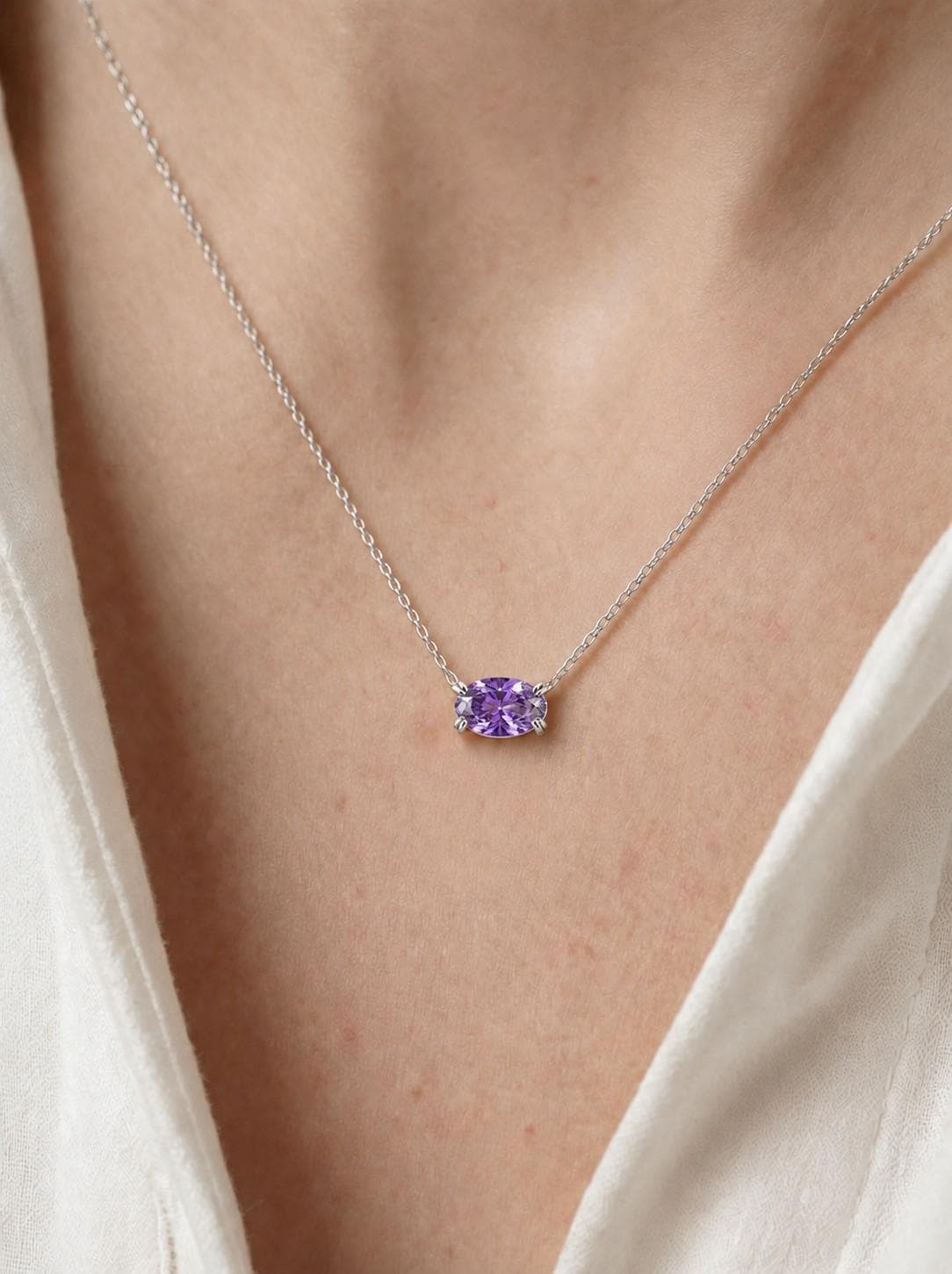 Amethyst Pendant Necklace, February Birthstone Jewelry, East West Oval Solitaire, 925 Sterling Silver Gift for Mom