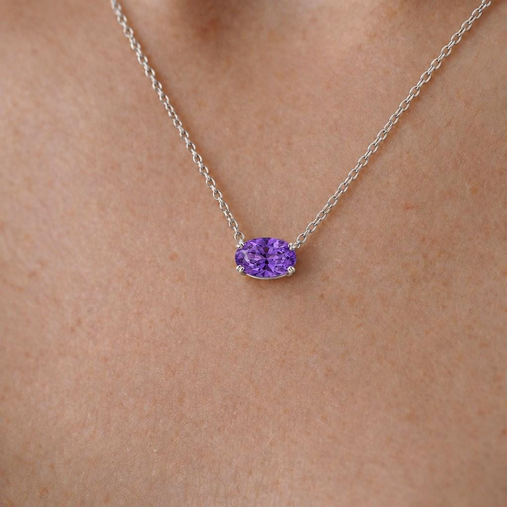 Amethyst Pendant Necklace, February Birthstone Jewelry, East West Oval Solitaire, 925 Sterling Silver Gift for Mom
