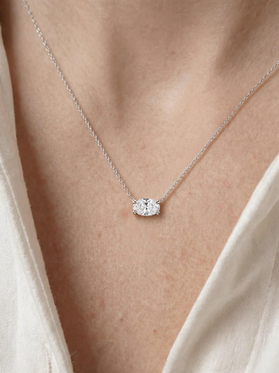 Moissanite Oval Pendant, April Birthstone Necklace, East West Diamond Alternative, Dainty 925 Sterling Silver, Gift for Her