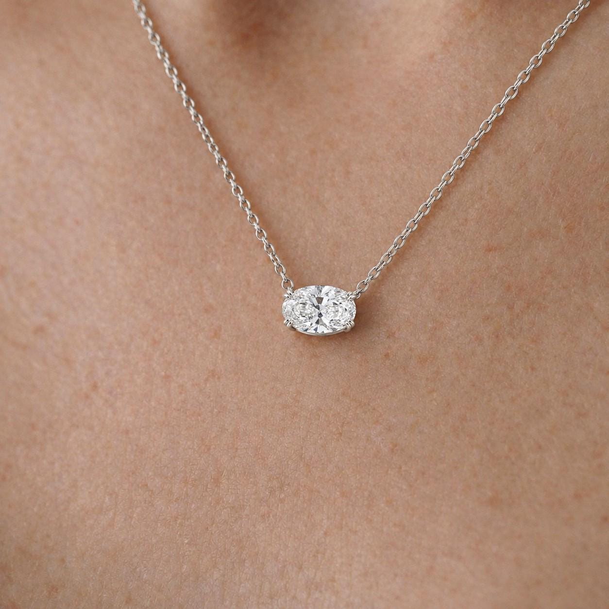 Moissanite Oval Pendant, April Birthstone Necklace, East West Diamond Alternative, Dainty 925 Sterling Silver, Gift for Her