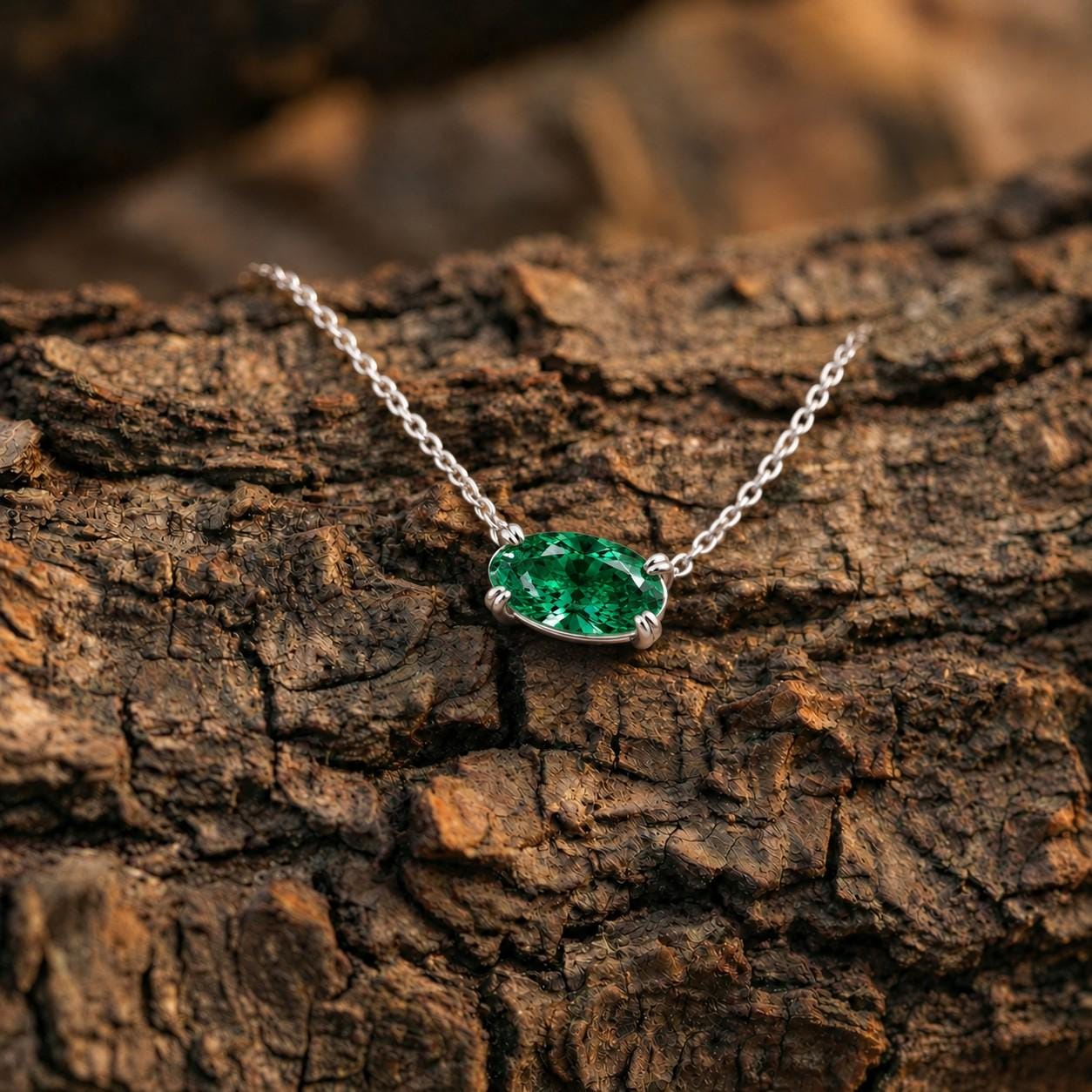 East West Emerald Necklace, May Birthstone Oval Pendant, Green Solitaire, Dainty 925 Sterling Silver, Mothers Day Gift