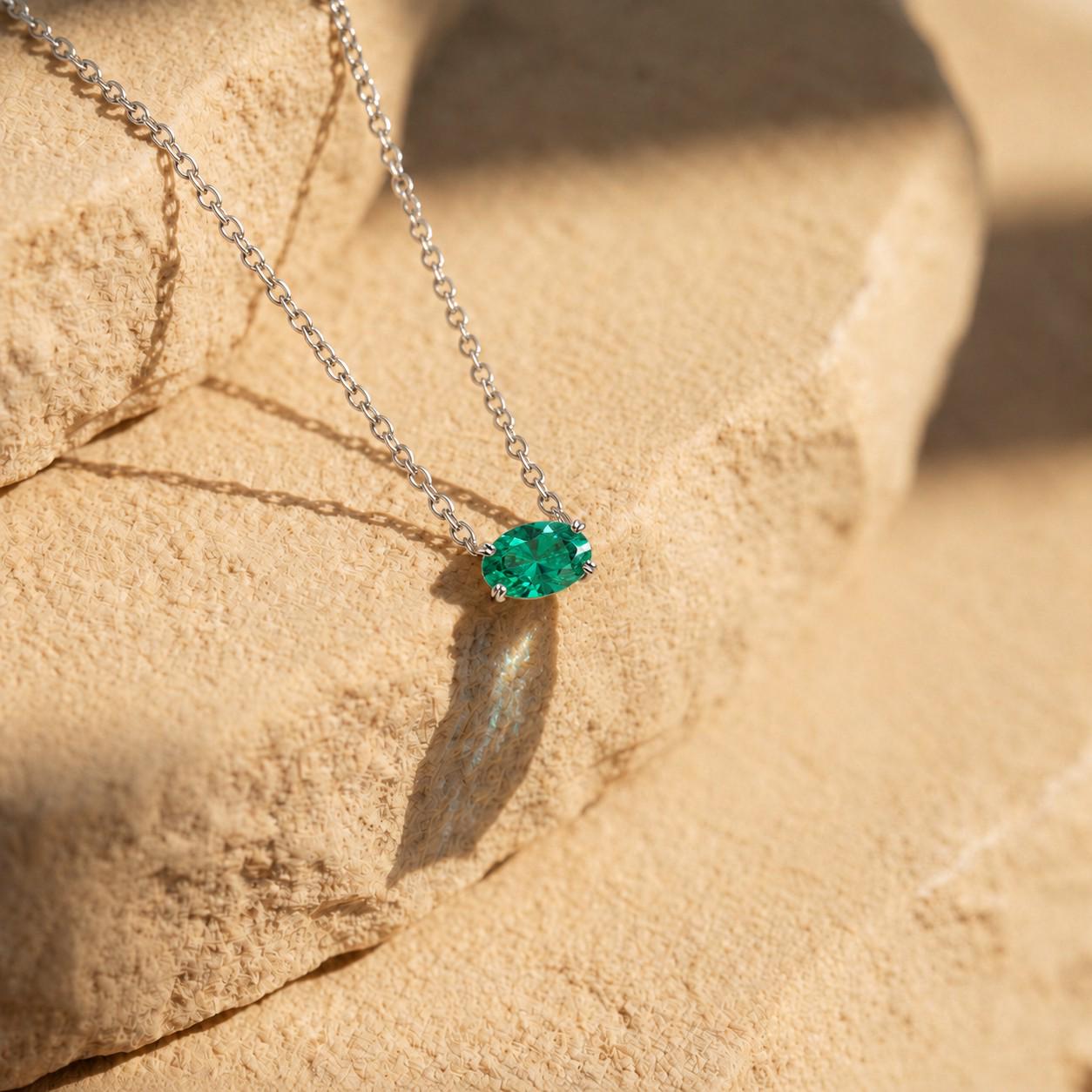 East West Emerald Necklace, May Birthstone Oval Pendant, Green Solitaire, Dainty 925 Sterling Silver, Mothers Day Gift