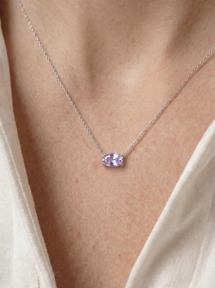 Lavender Alexandrite Pendant, June Birthstone Oval Necklace, East West Solitaire, 925 Sterling Silver Birthday Gift for Her