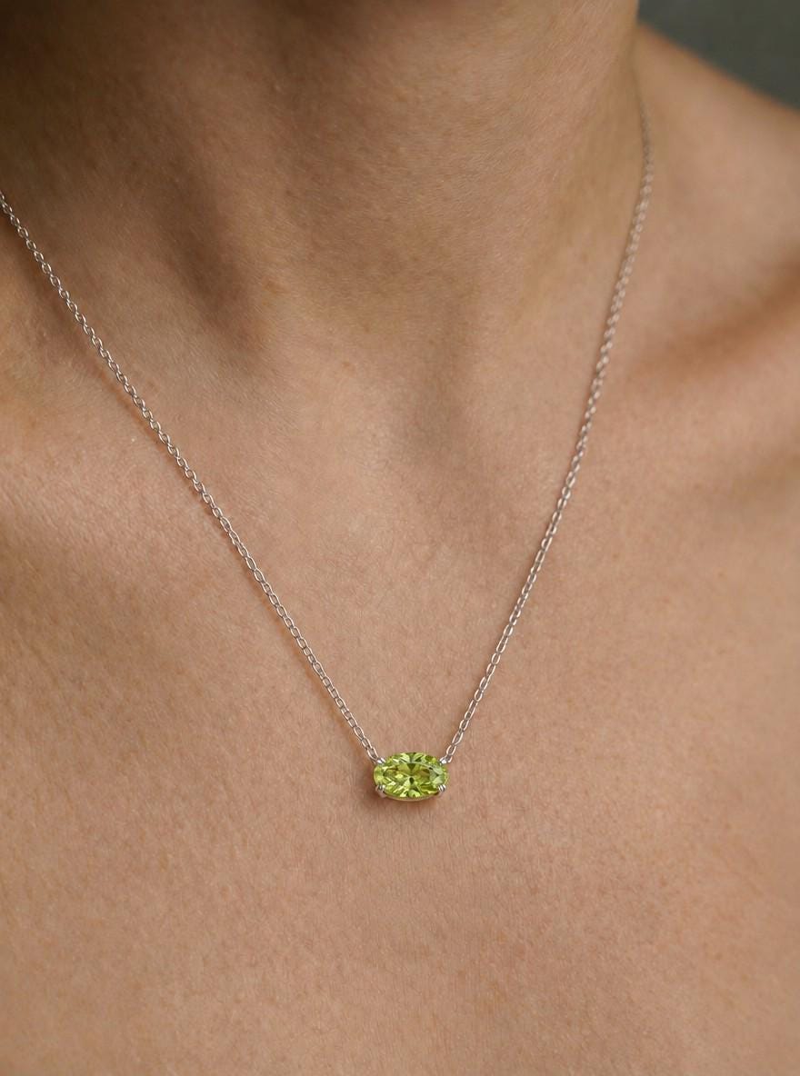 Peridot Oval Solitaire Necklace, August Birthstone Pendant Necklace, East West Green Stone, 925 Sterling Silver Necklace Gift for Her