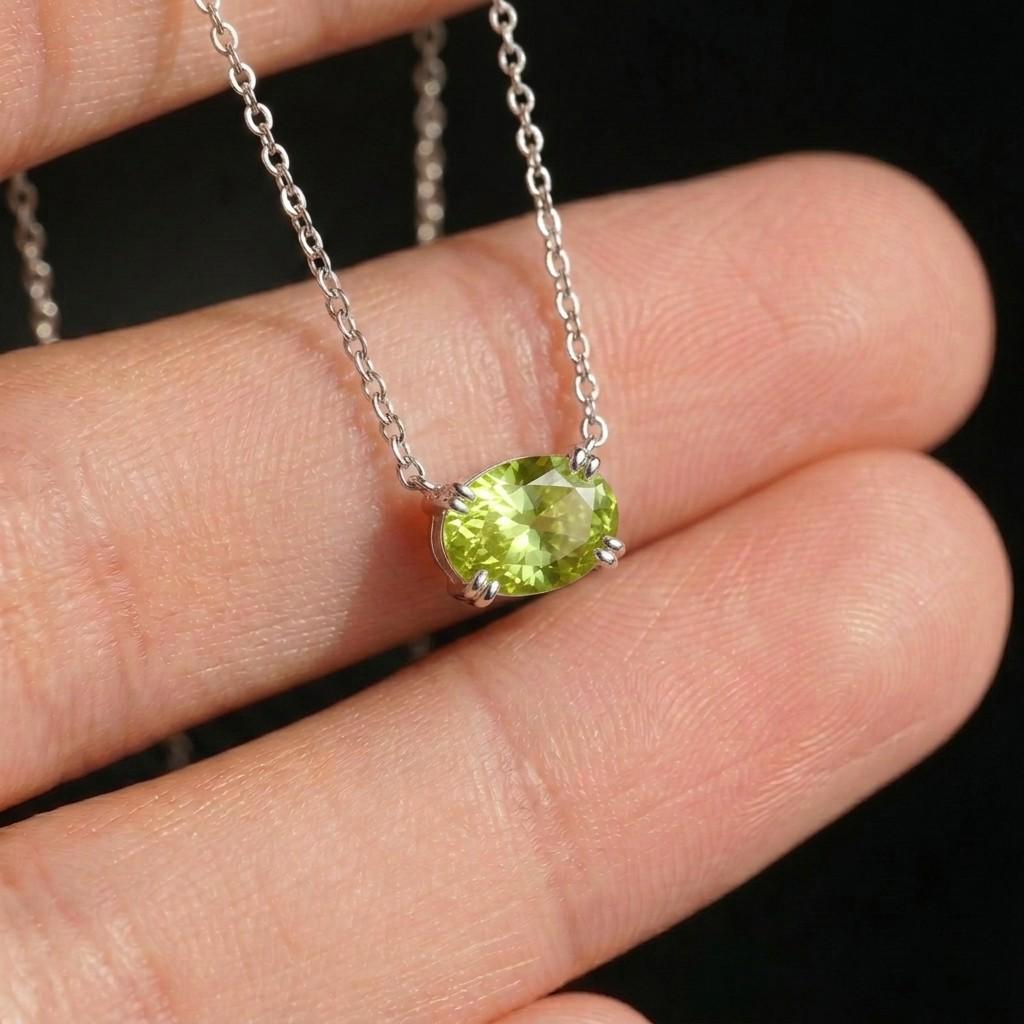 Peridot Oval Solitaire Necklace, August Birthstone Pendant Necklace, East West Green Stone, 925 Sterling Silver Necklace Gift for Her