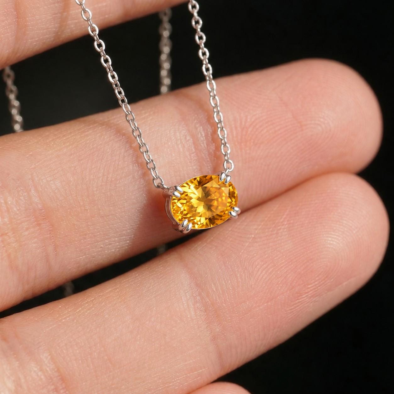 Golden Citrine Necklace, November Birthstone Gift, East West Oval Pendant, Dainty Solitaire, 925 Sterling Silver Mothers Day Gift