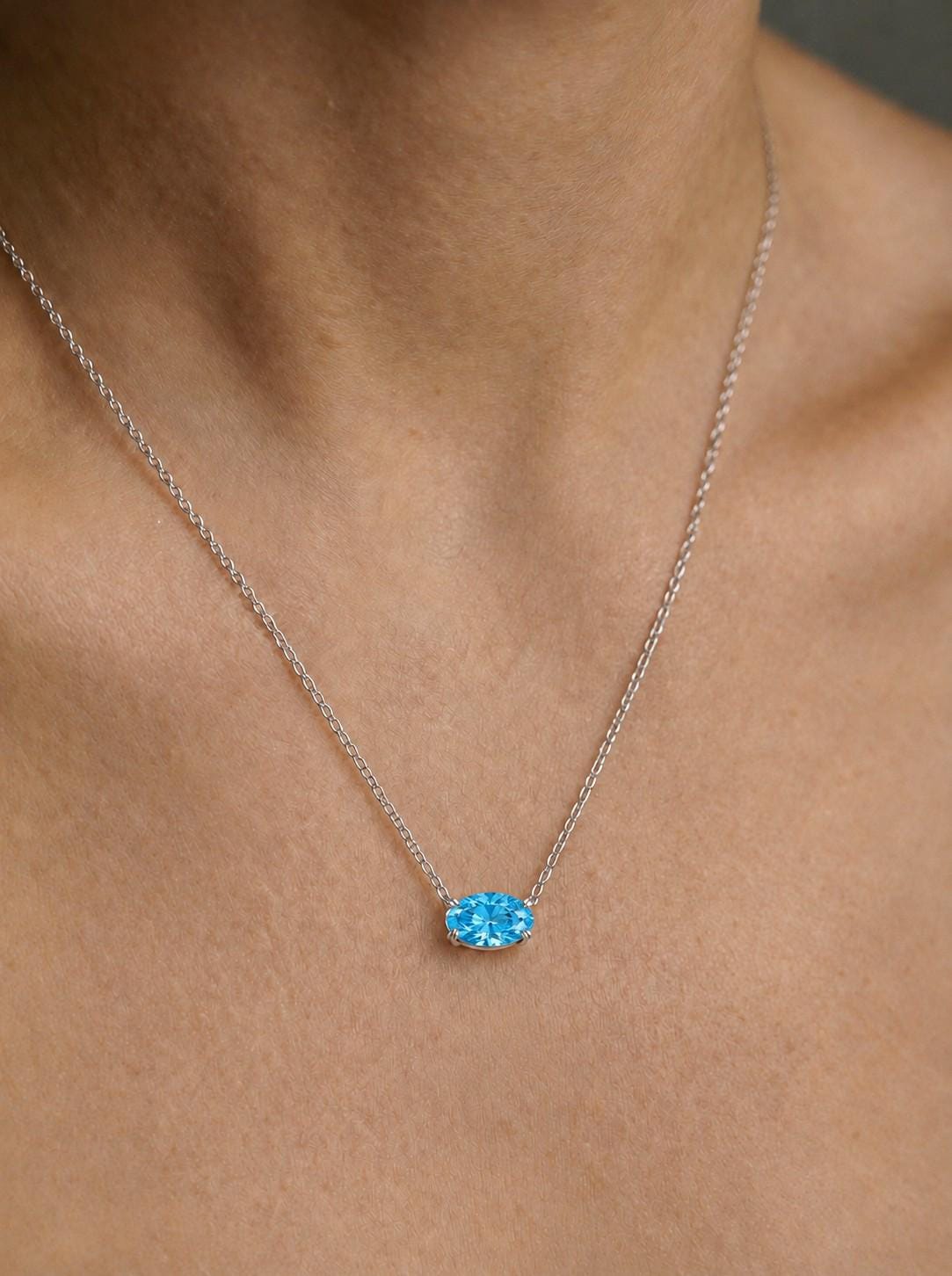 Sky Blue Topaz Necklace, December Birthstone Oval Pendant, East West Solitaire, 925 Sterling Silver Birthday Gift for Her
