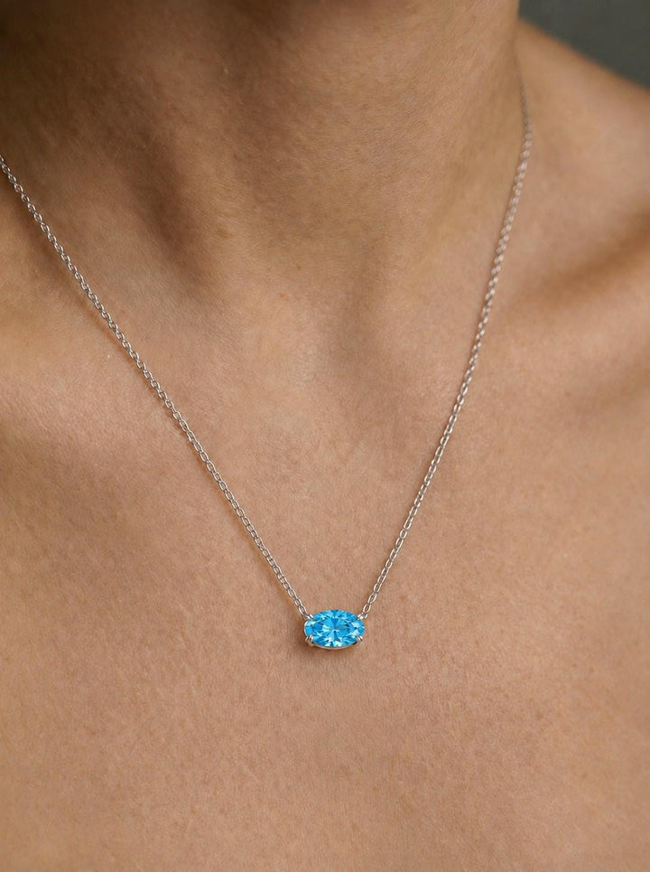 Sky Blue Topaz Necklace, December Birthstone Oval Pendant, East West Solitaire, 925 Sterling Silver Birthday Gift for Her