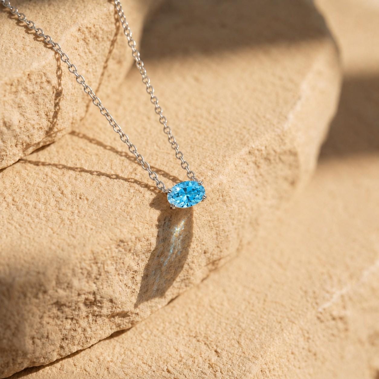 Sky Blue Topaz Necklace, December Birthstone Oval Pendant, East West Solitaire, 925 Sterling Silver Birthday Gift for Her
