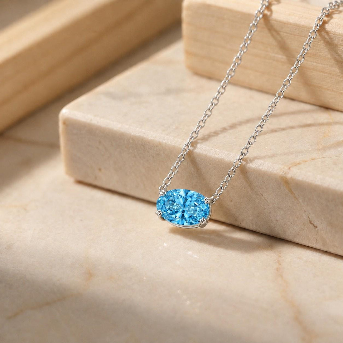 Sky Blue Topaz Necklace, December Birthstone Oval Pendant, East West Solitaire, 925 Sterling Silver Birthday Gift for Her