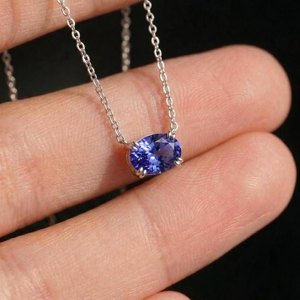 Tanzanite Blue Violet Pendant, December Birthstone Gift, East West Oval Necklace, Dainty 925 Sterling Silver, Gift for Mom