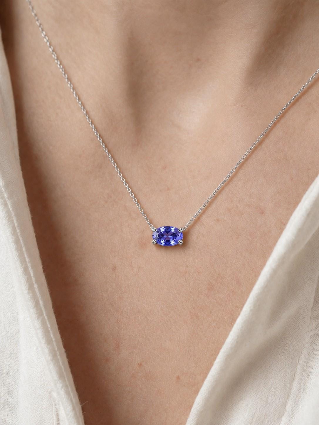 Tanzanite Blue Violet Pendant, December Birthstone Gift, East West Oval Necklace, Dainty 925 Sterling Silver, Gift for Mom