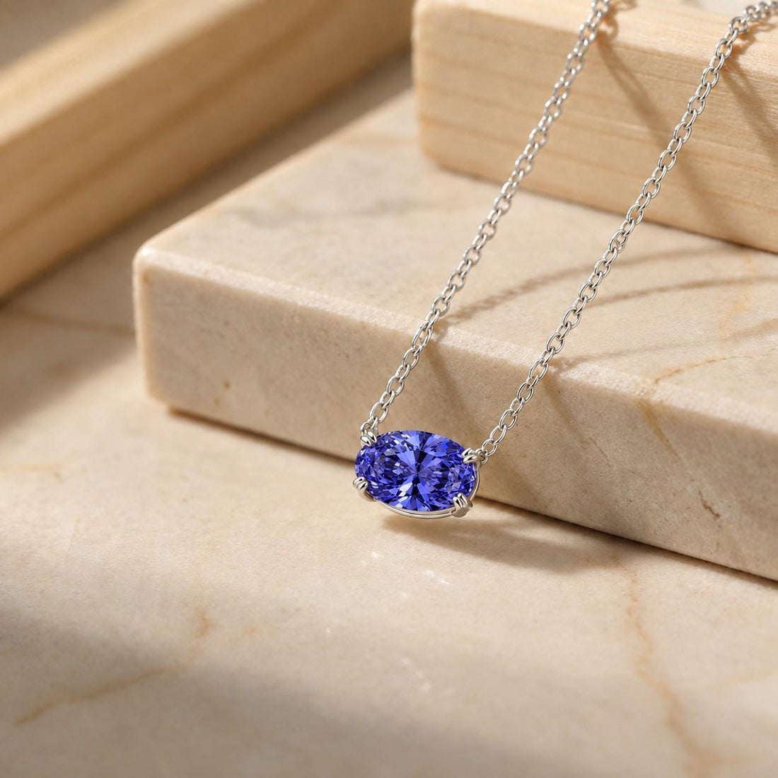 Tanzanite Blue Violet Pendant, December Birthstone Gift, East West Oval Necklace, Dainty 925 Sterling Silver, Gift for Mom