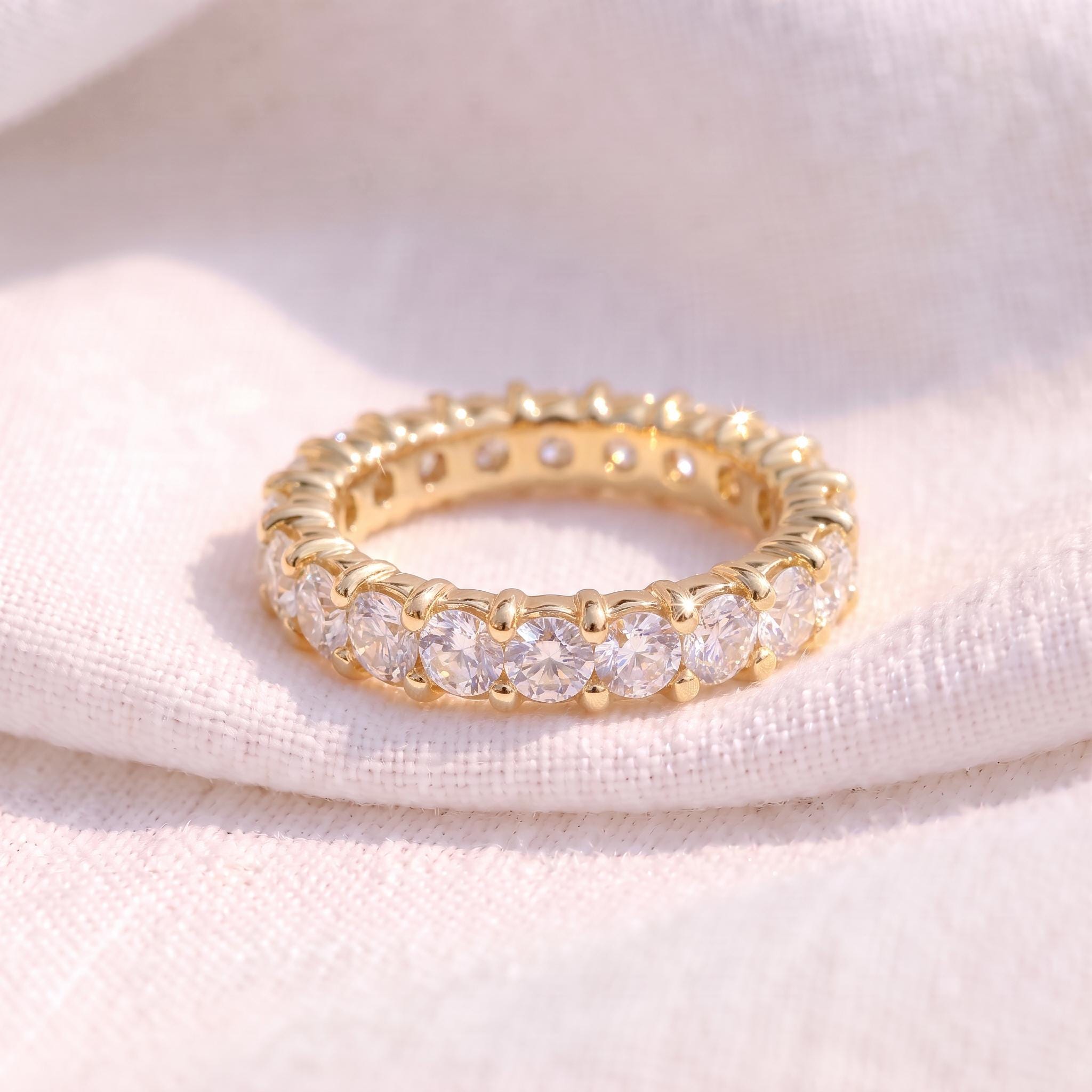 4.3mm Shared Prong Wedding Band, Comfort Fit Eternity Ring, Stackable Band, 14K Gold Simulated Diamond Band, Promise Ring Gift for Her