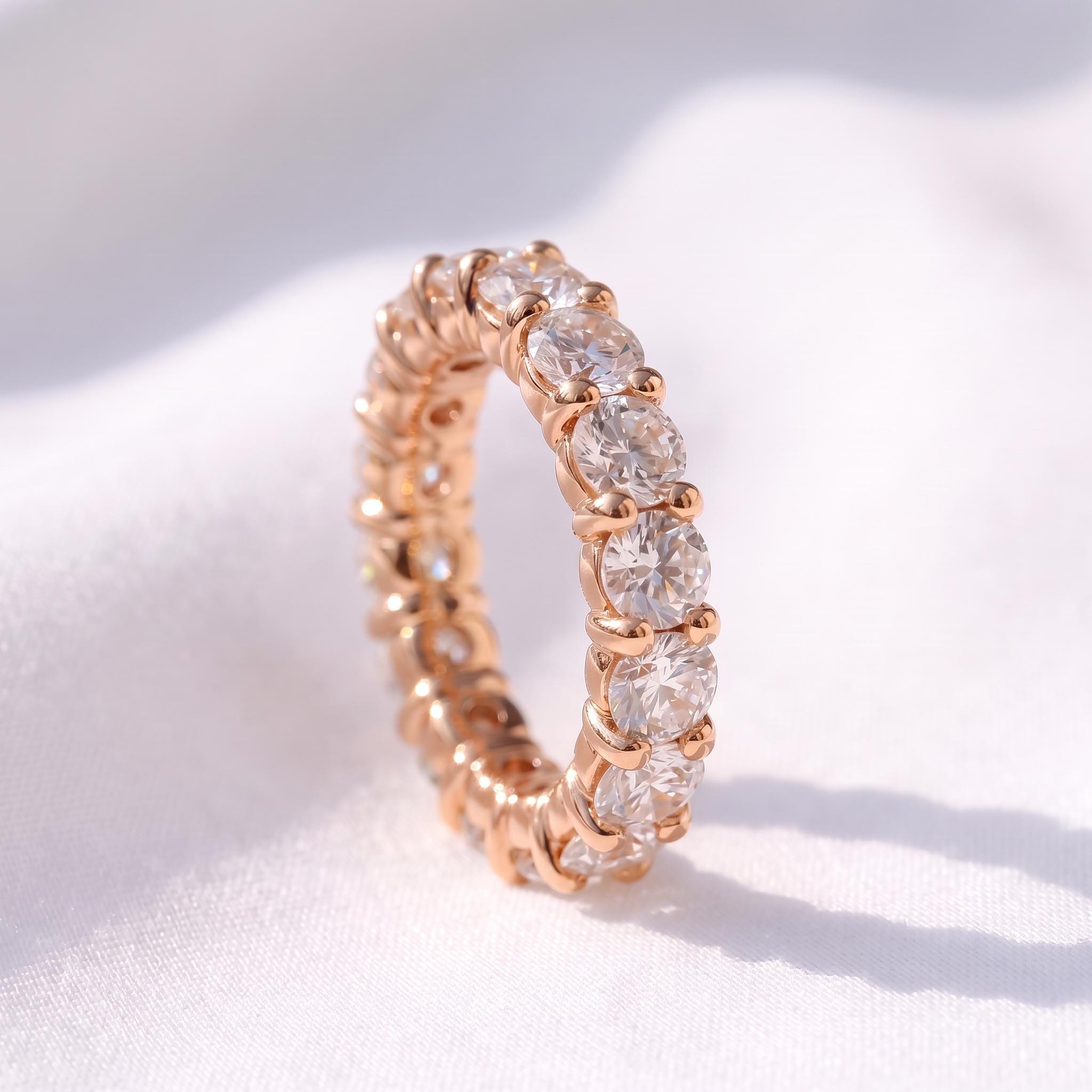 4.3mm Shared Prong Wedding Band, Comfort Fit Eternity Ring, Stackable Band, 14K Gold Simulated Diamond Band, Promise Ring Gift for Her