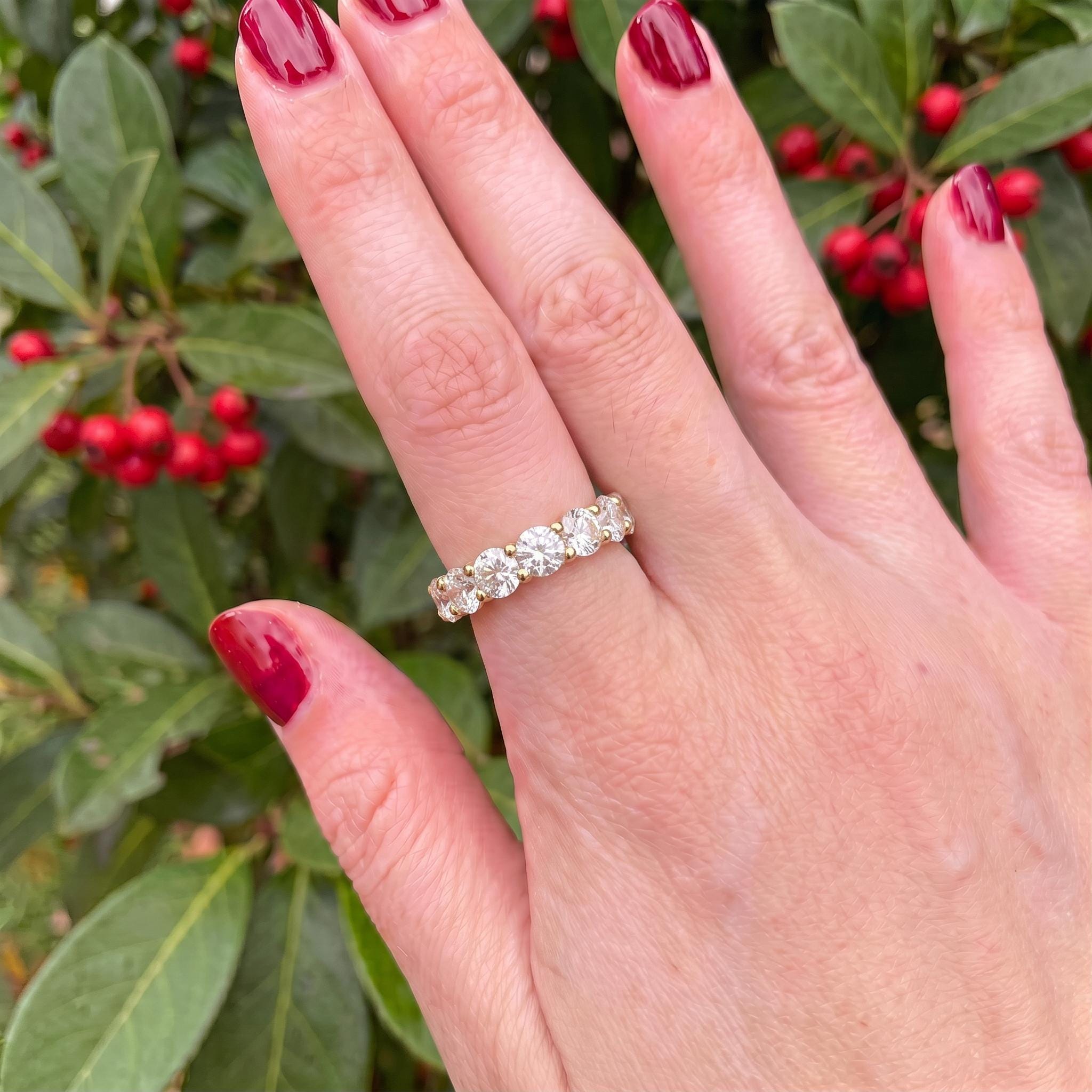 4.3mm Shared Prong Wedding Band, Comfort Fit Eternity Ring, Stackable Band, 14K Gold Simulated Diamond Band, Promise Ring Gift for Her