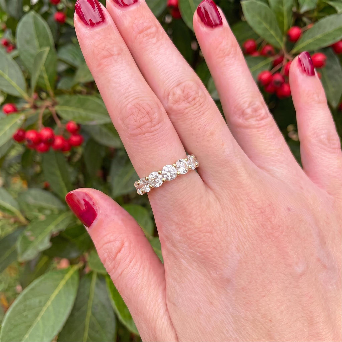 4.3mm Shared Prong Wedding Band, Comfort Fit Eternity Ring, Stackable Band, 14K Gold Simulated Diamond Band, Promise Ring Gift for Her
