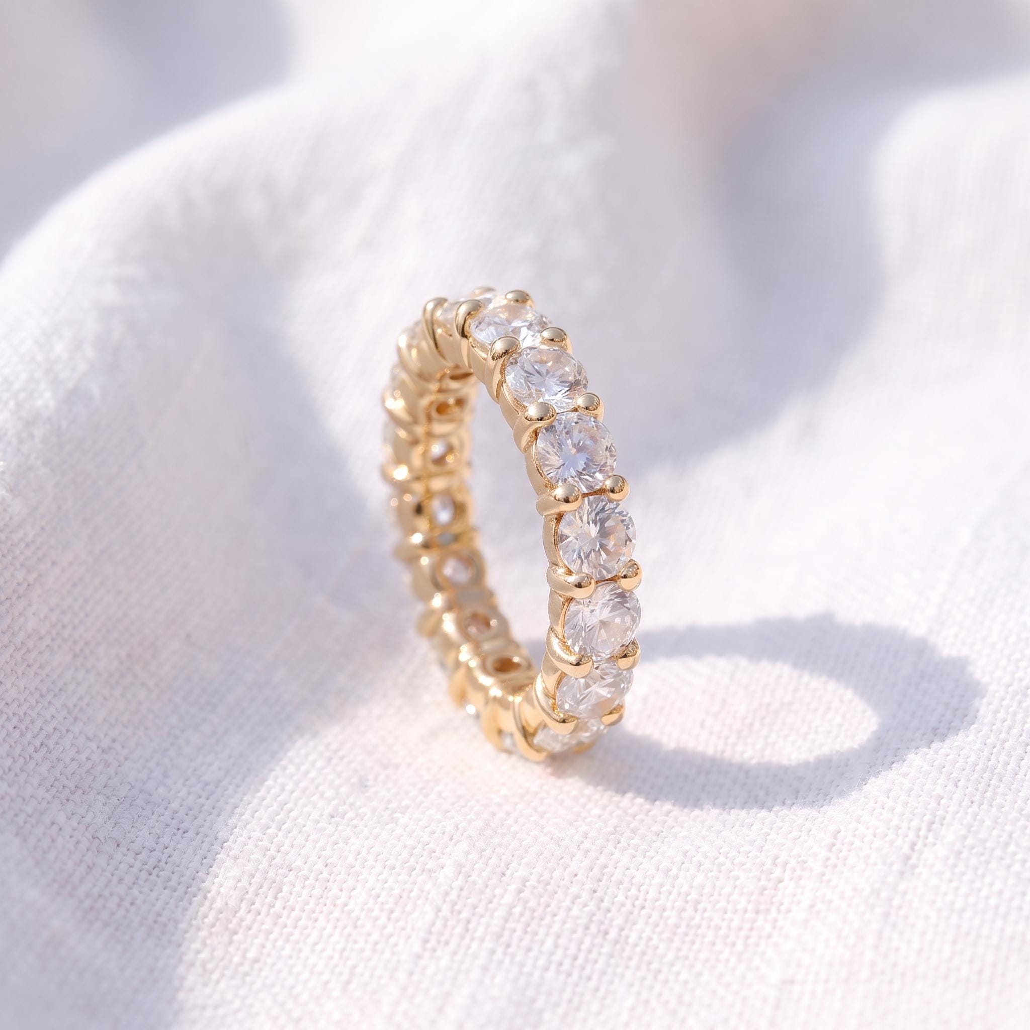 4.3mm Shared Prong Wedding Band, Comfort Fit Eternity Ring, Stackable Band, 14K Gold Simulated Diamond Band, Promise Ring Gift for Her