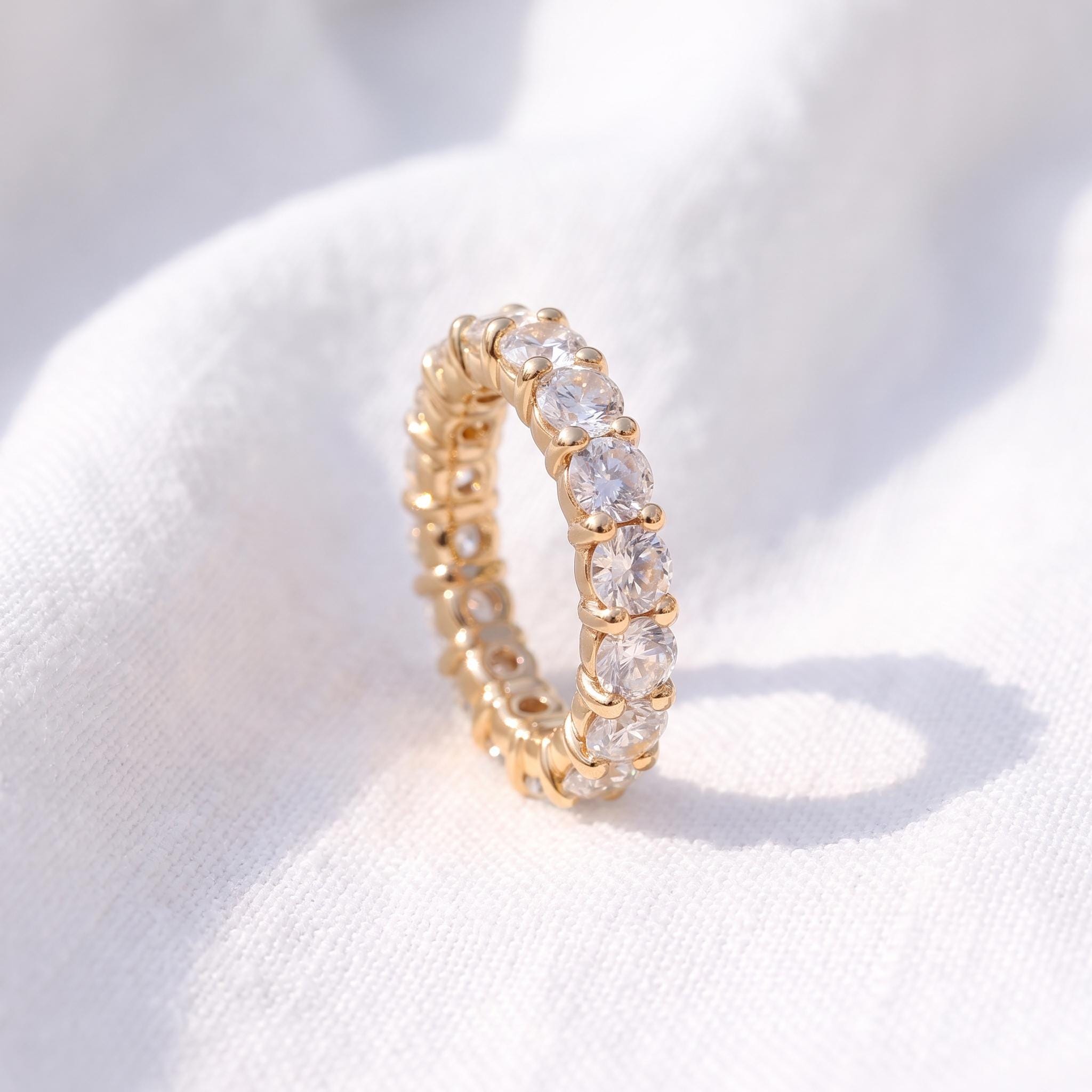 4.3mm Shared Prong Wedding Band, Comfort Fit Eternity Ring, Stackable Band, 14K Gold Simulated Diamond Band, Promise Ring Gift for Her