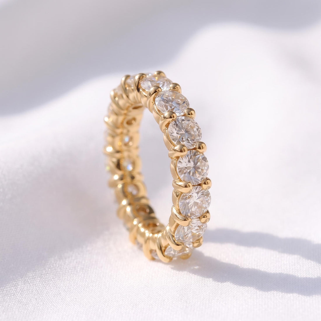 4.3mm Shared Prong Wedding Band, Comfort Fit Eternity Ring, Stackable Band, 14K Gold Simulated Diamond Band, Promise Ring Gift for Her