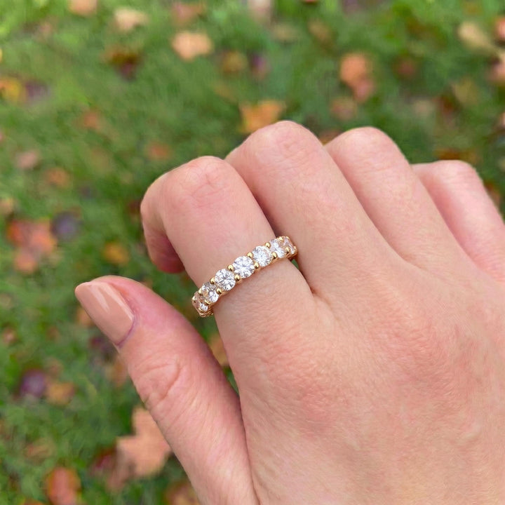 4.3mm Shared Prong Wedding Band, Comfort Fit Eternity Ring, Stackable Band, 14K Gold Simulated Diamond Band, Promise Ring Gift for Her