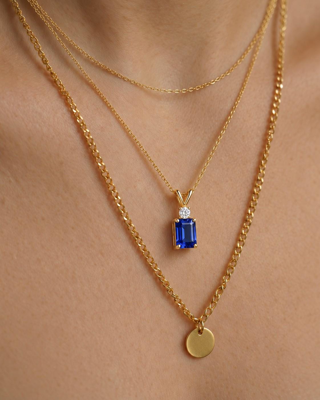 Lab Created Blue Sapphire Necklace, Emerald Cut Sapphire Pendant, Art Deco September Birthstone Necklace, 925 Sterling Silver, Gift for Her