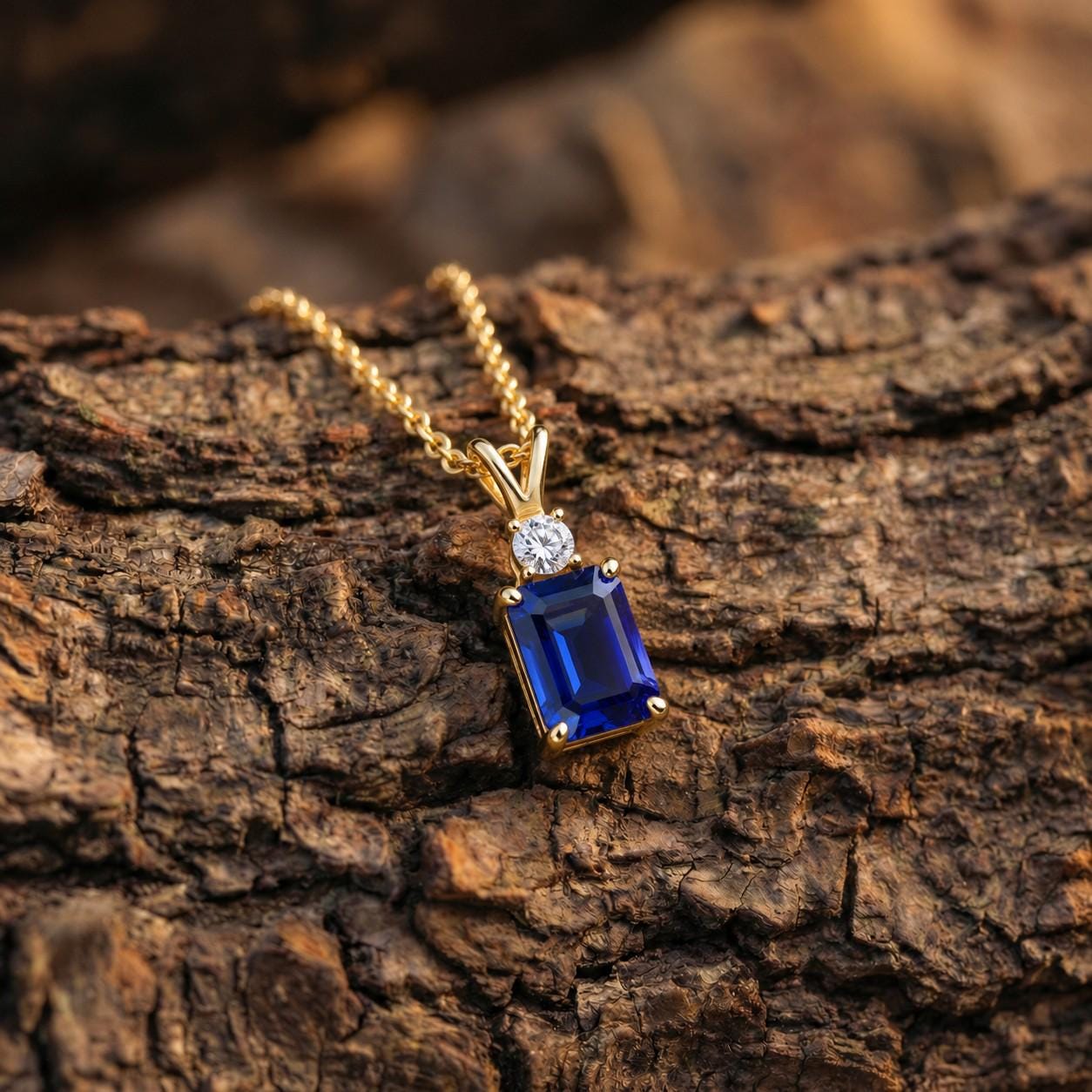 Lab Created Blue Sapphire Necklace, Emerald Cut Sapphire Pendant, Art Deco September Birthstone Necklace, 925 Sterling Silver, Gift for Her